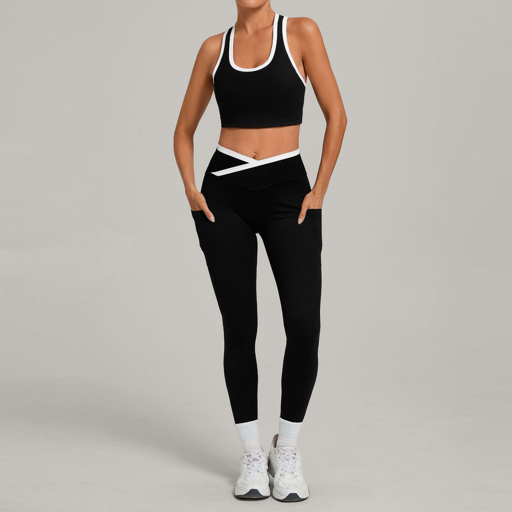 Contrast Trim Crossover Waist Leggings Workout Set - Black