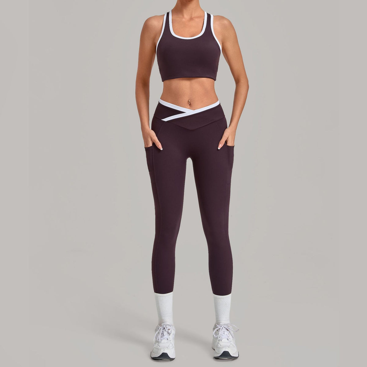 Contrast Trim Crossover Waist Leggings Workout Set - Plum