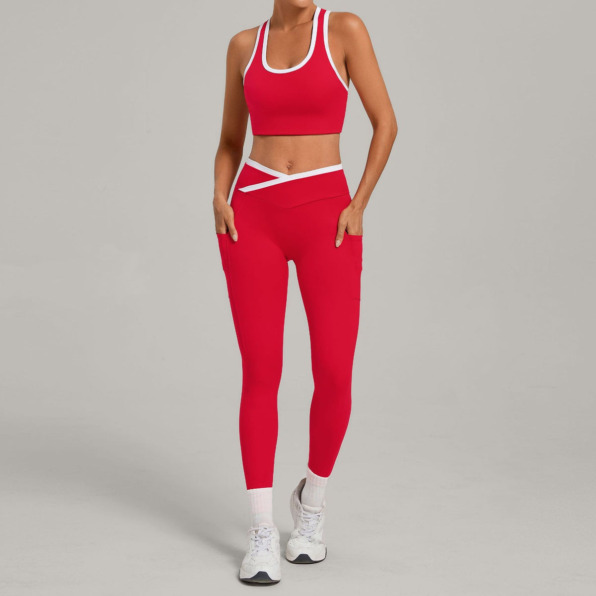 Contrast Trim Crossover Waist Leggings Workout Set - Red
