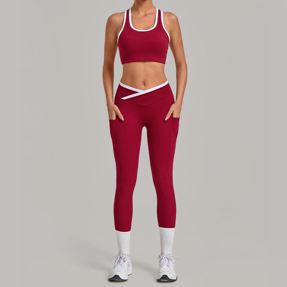 Contrast Trim Crossover Waist Leggings Workout Set - Wine Red