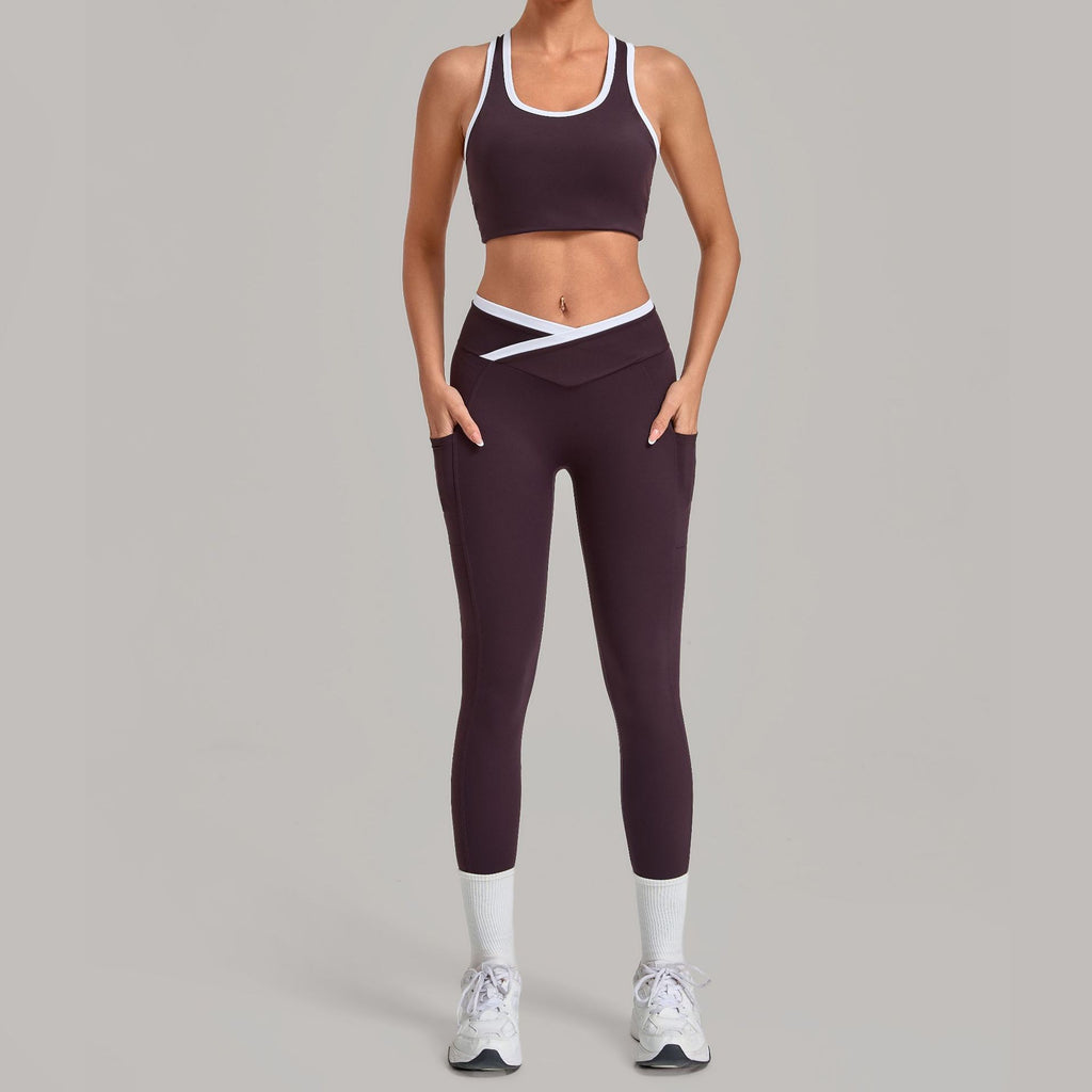 Contrast Trim Crossover Waist Leggings Workout Set