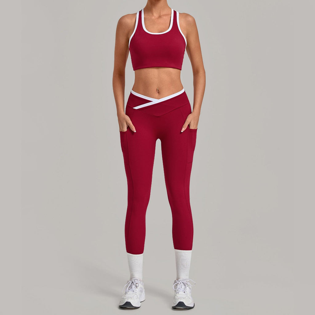 Contrast Trim Crossover Waist Leggings Workout Set