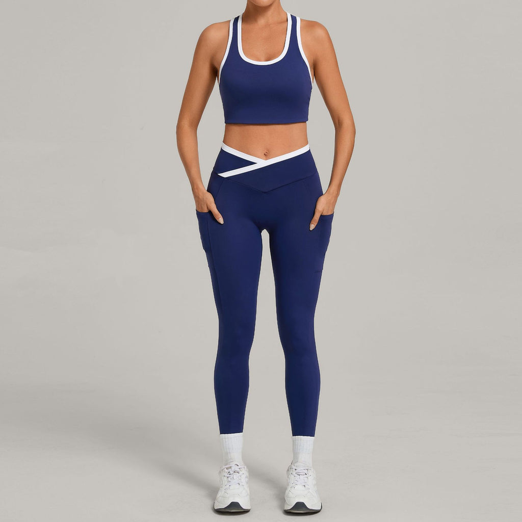 Contrast Trim Crossover Waist Leggings Workout Set