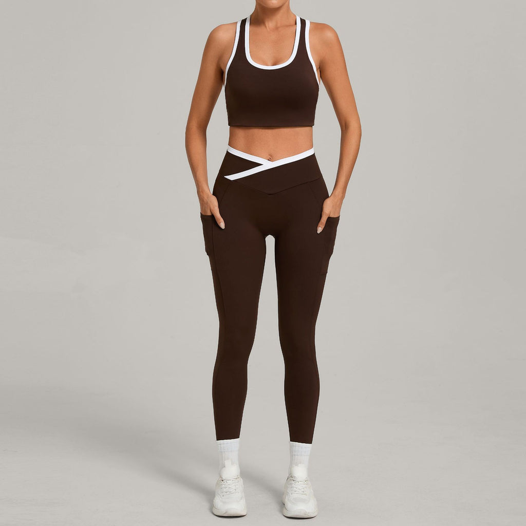 Contrast Trim Crossover Waist Leggings Workout Set