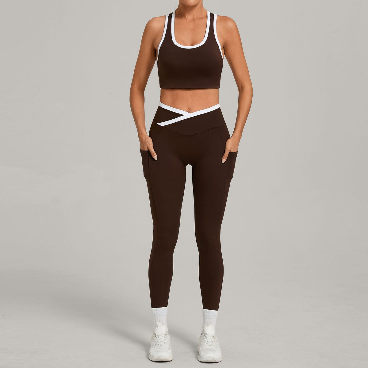 Contrast Trim Crossover Waist Leggings Workout Set
