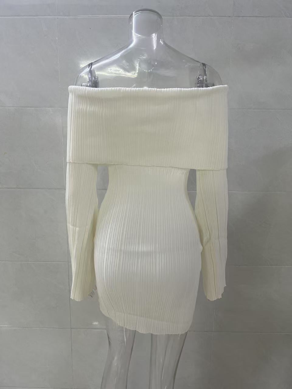 Ribbed Off Shoulder Mini Sweater Dress - White - 1