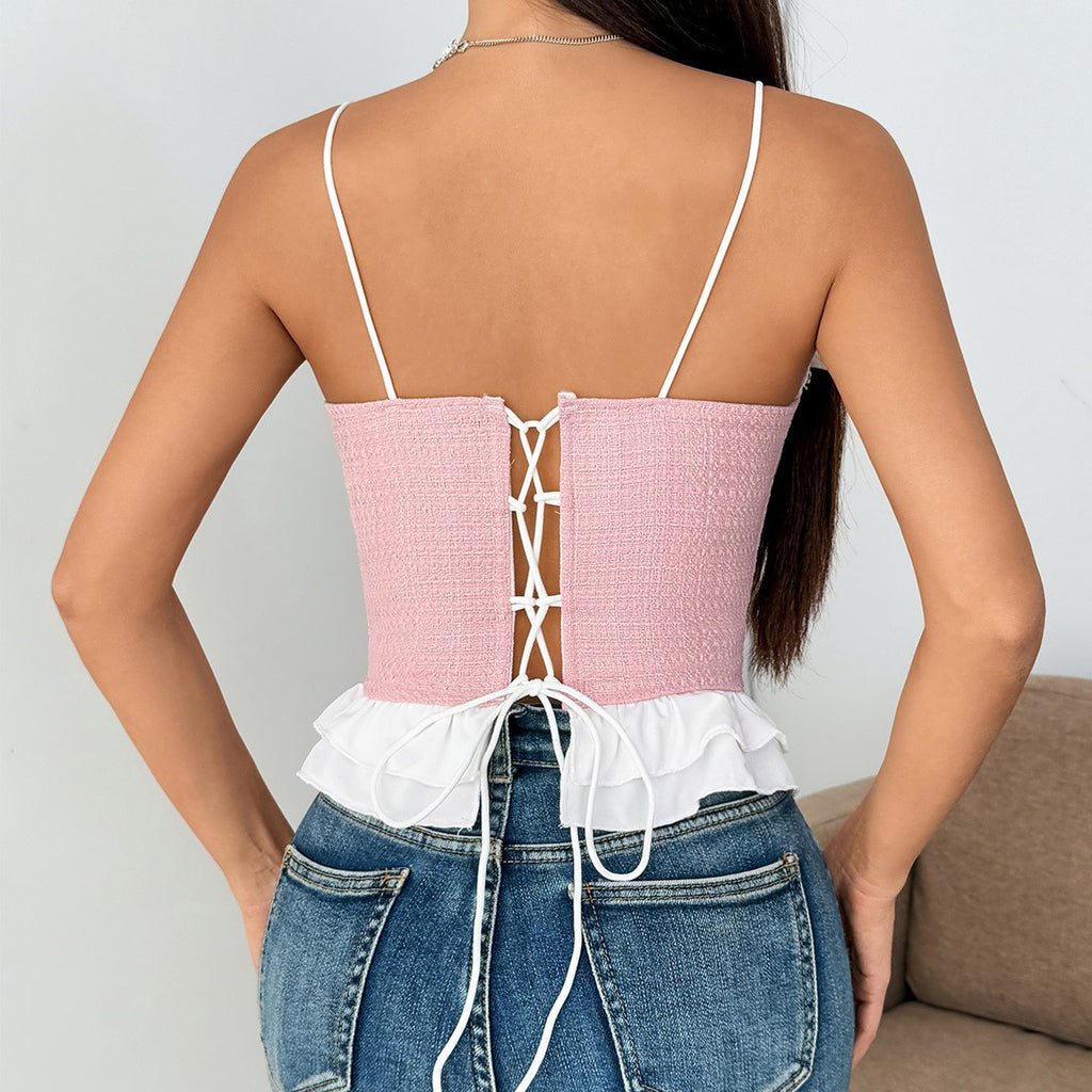 Pink Textured Ruffle Trim Sweetheart Corset Top