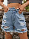 Distressed High Waist Cutoff Denim Shorts - Blue