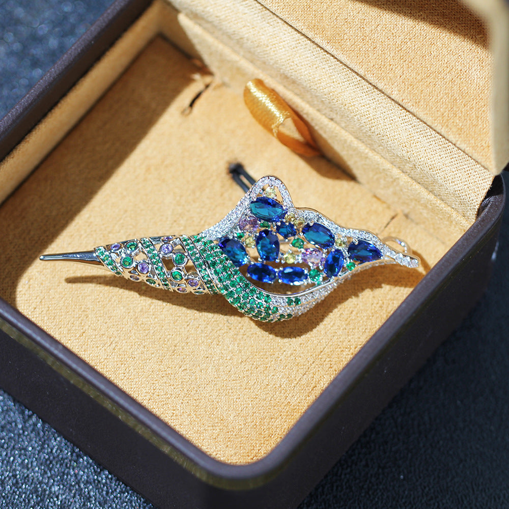Crystal Pave Conch Shell Brooch - Blue