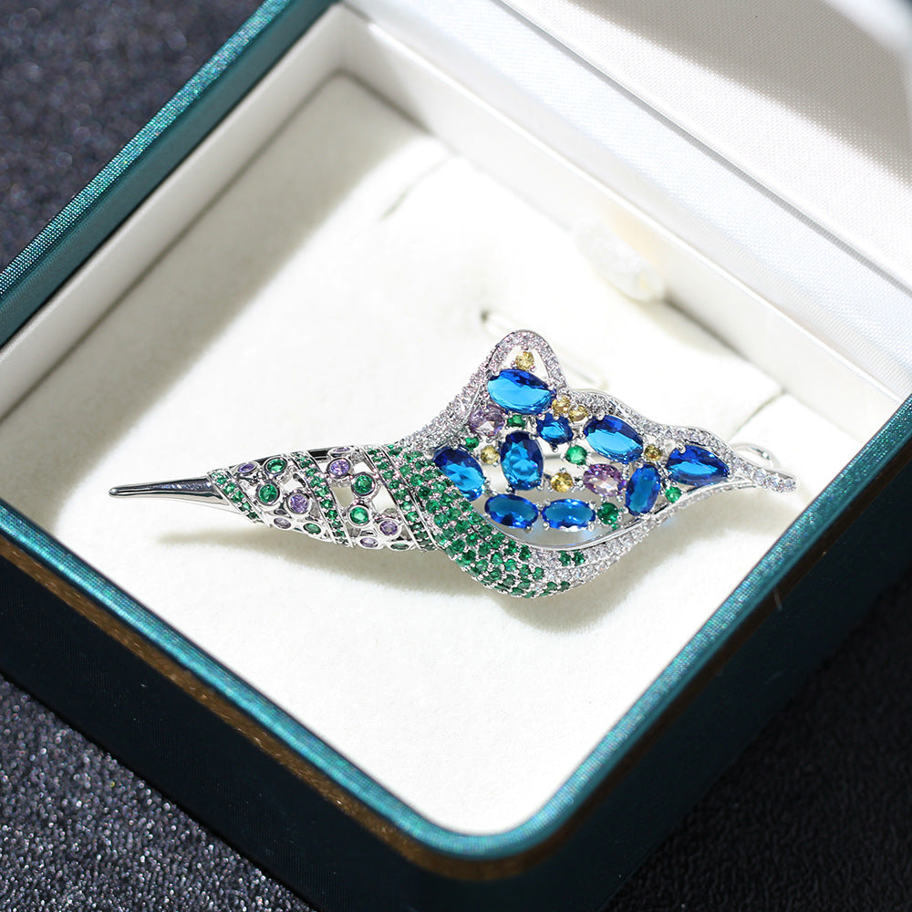 Crystal Pave Conch Shell Brooch - Blue - 1