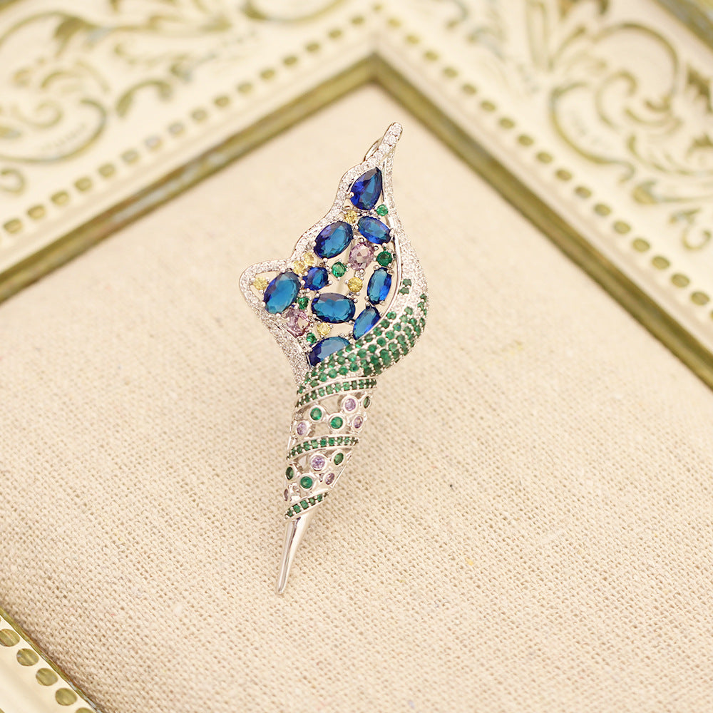Crystal Pave Conch Shell Brooch - Blue - 2