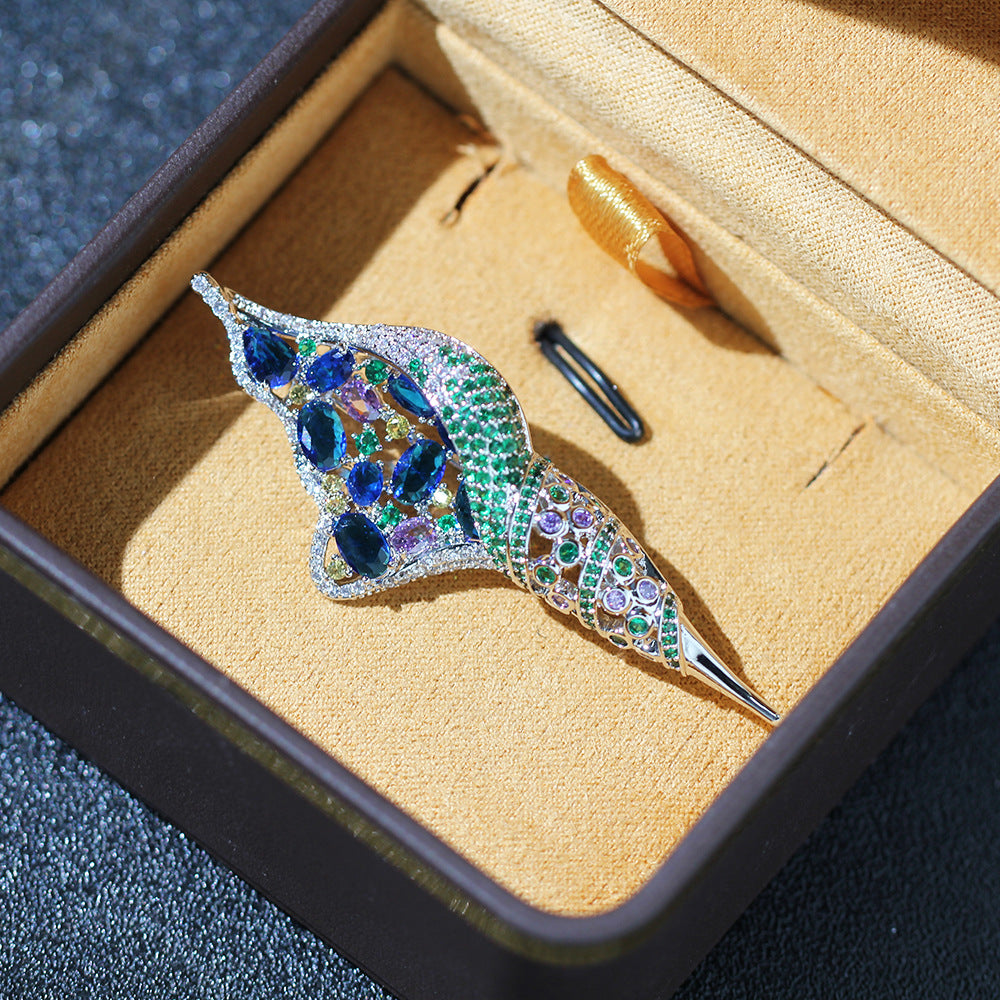 Crystal Pave Conch Shell Brooch - Blue - 3