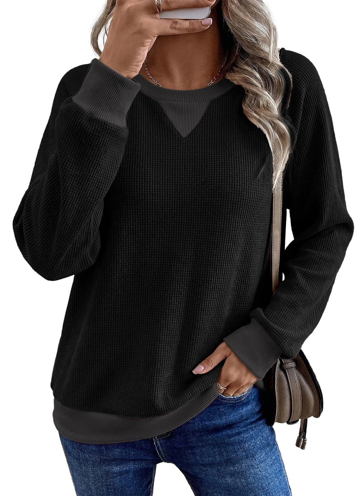Waffle Knit Contrast Trim Raglan Sweatshirt - Black