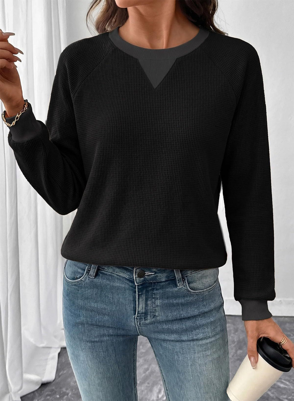 Waffle Knit Contrast Trim Raglan Sweatshirt - Black - 1