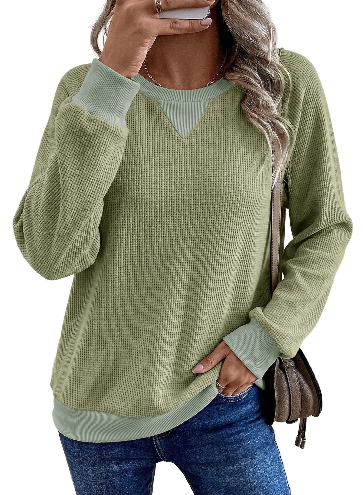 Waffle Knit Contrast Trim Raglan Sweatshirt - Green