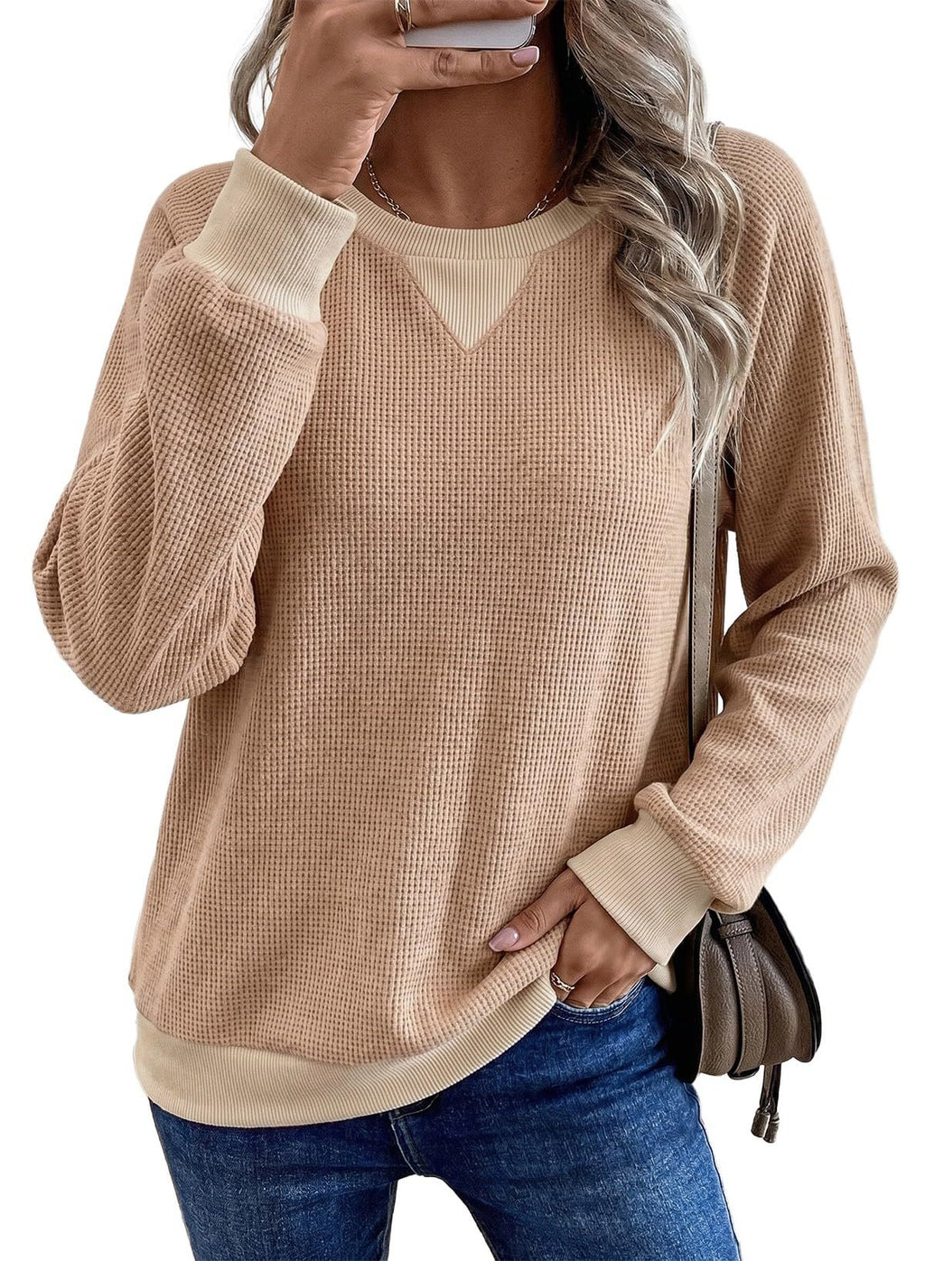 Waffle Knit Contrast Trim Raglan Sweatshirt - Khaki
