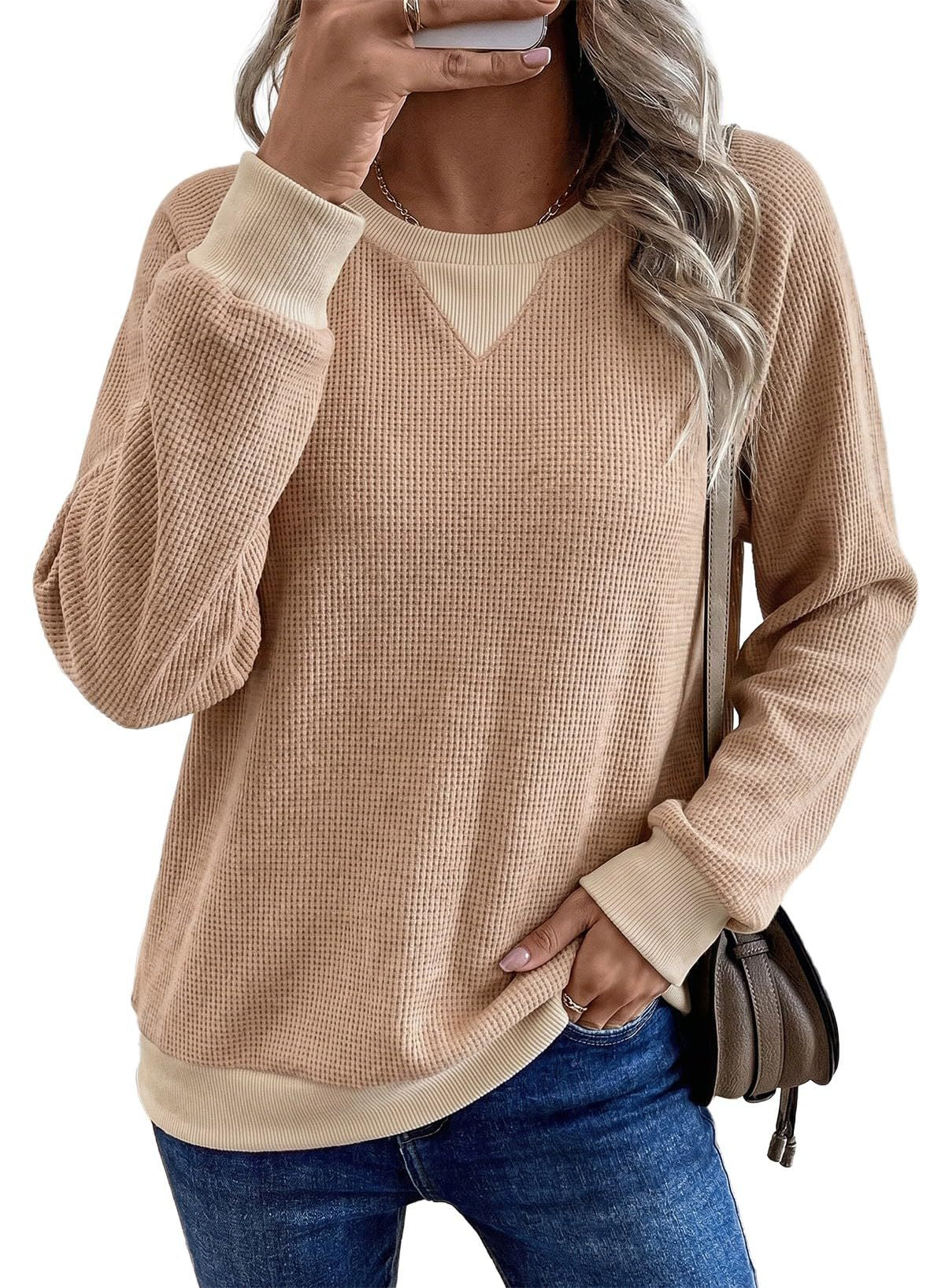 Waffle Knit Contrast Trim Raglan Sweatshirt - Khaki