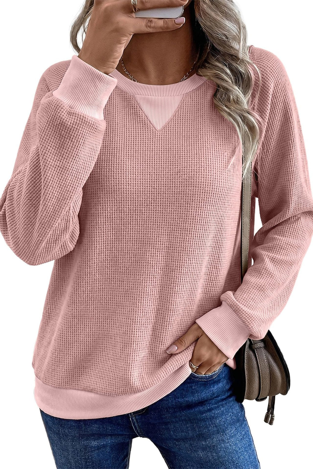 Waffle Knit Contrast Trim Raglan Sweatshirt - Pink