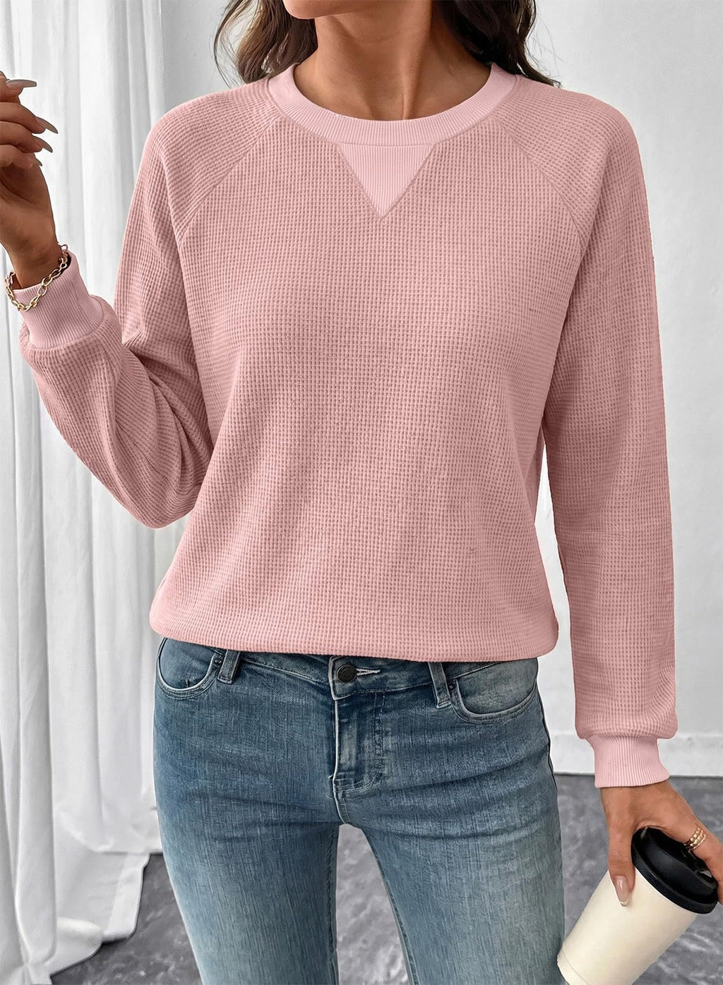 Waffle Knit Contrast Trim Raglan Sweatshirt - Pink - 2
