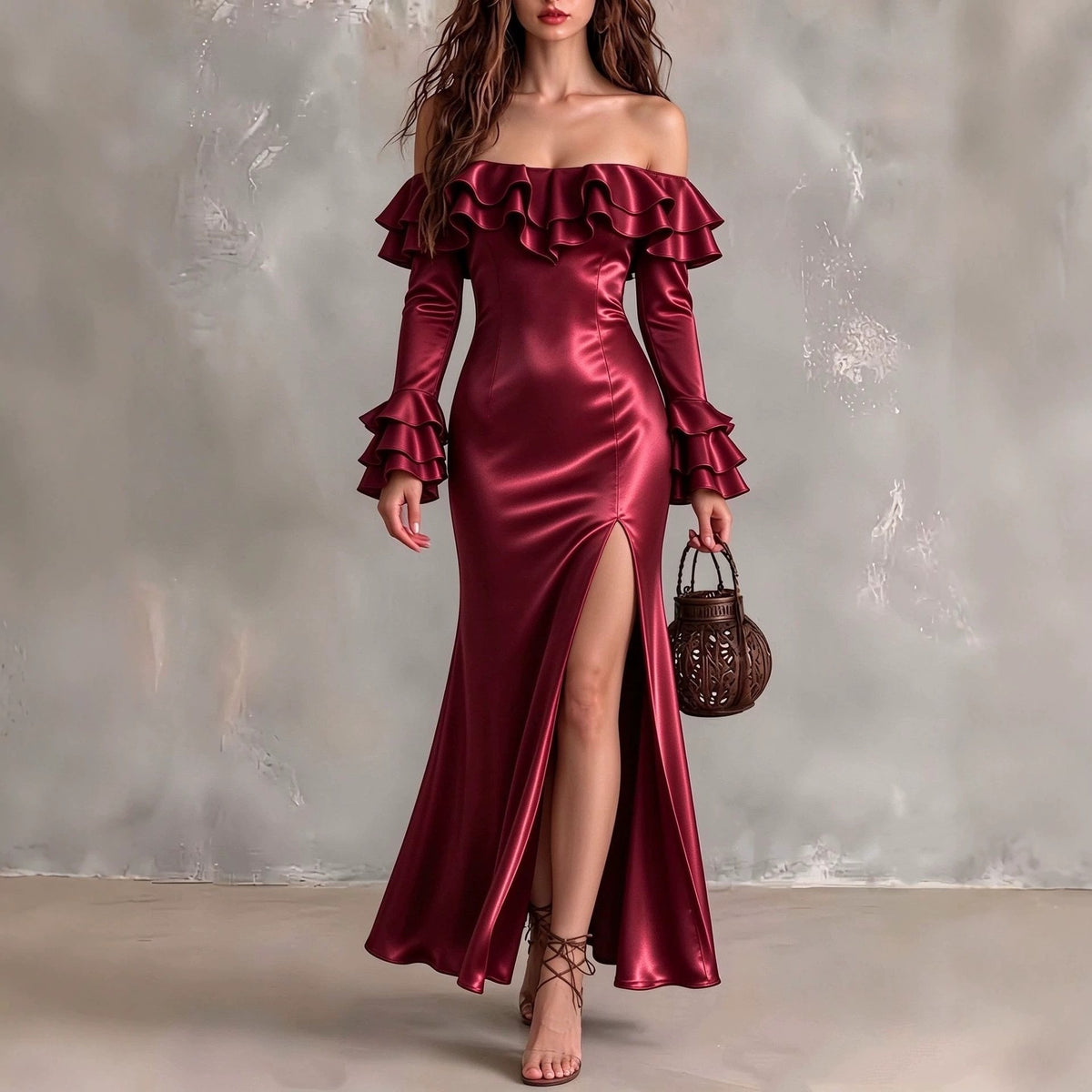 Satin Off Shoulder Ruffle Thigh Slit Maxi Dress - Burgundy