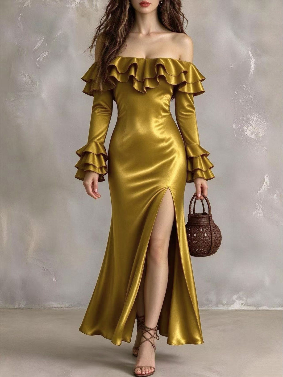 Satin Off Shoulder Ruffle Thigh Slit Maxi Dress - Gold