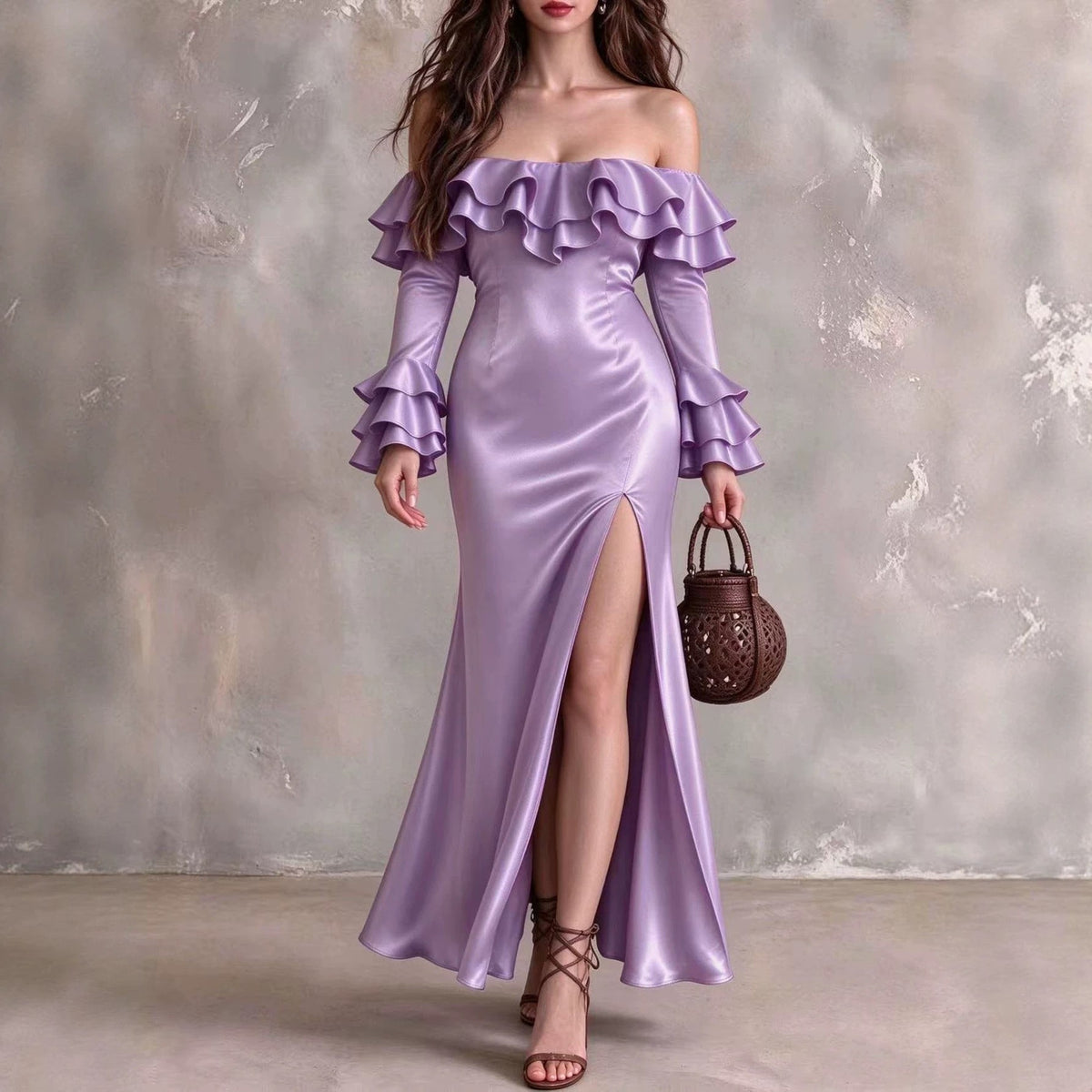 Satin Off Shoulder Ruffle Thigh Slit Maxi Dress