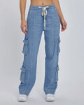 Drawstring Wide Leg Denim Cargo Pants - Blue