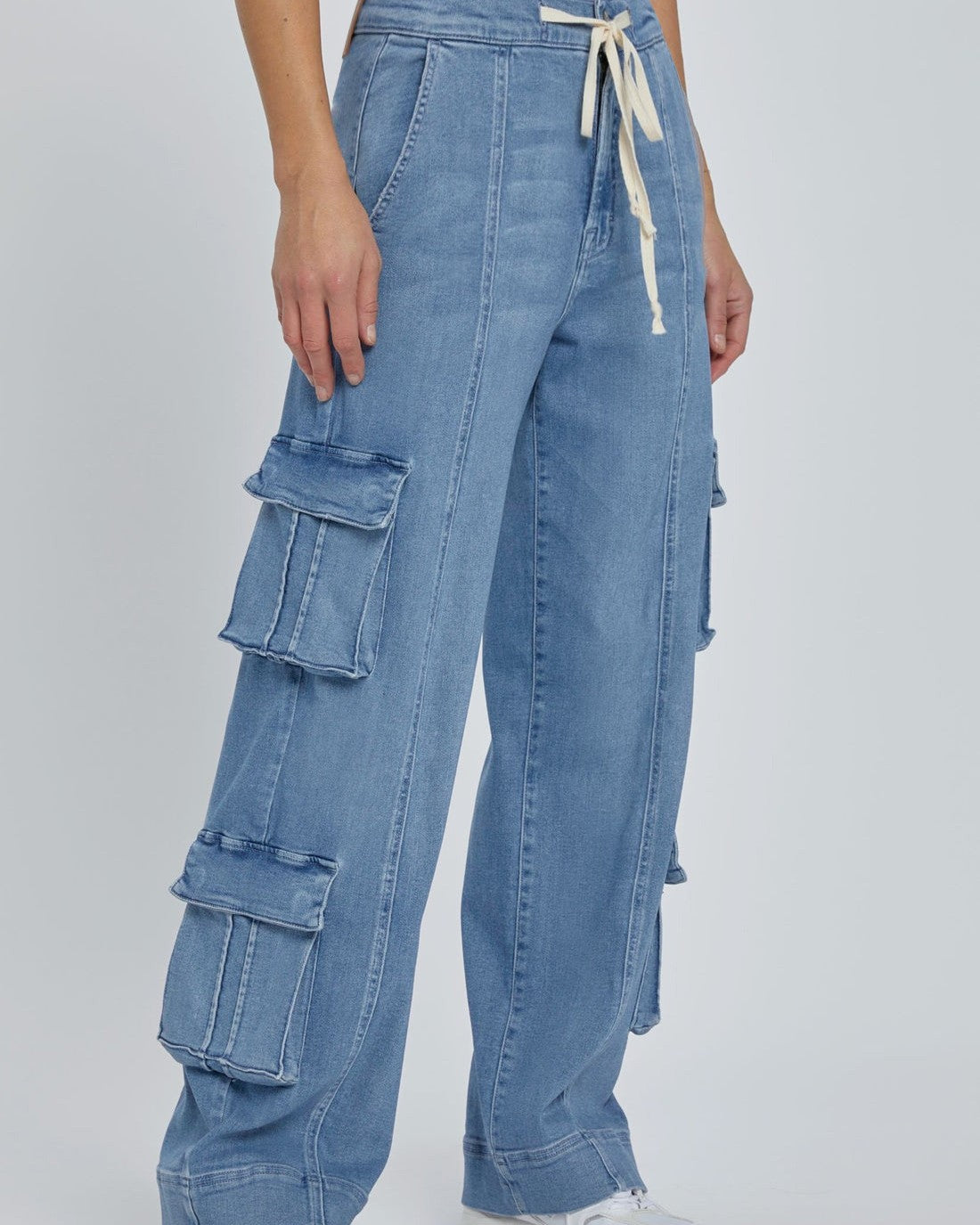 Drawstring Wide Leg Denim Cargo Pants - Blue - 1