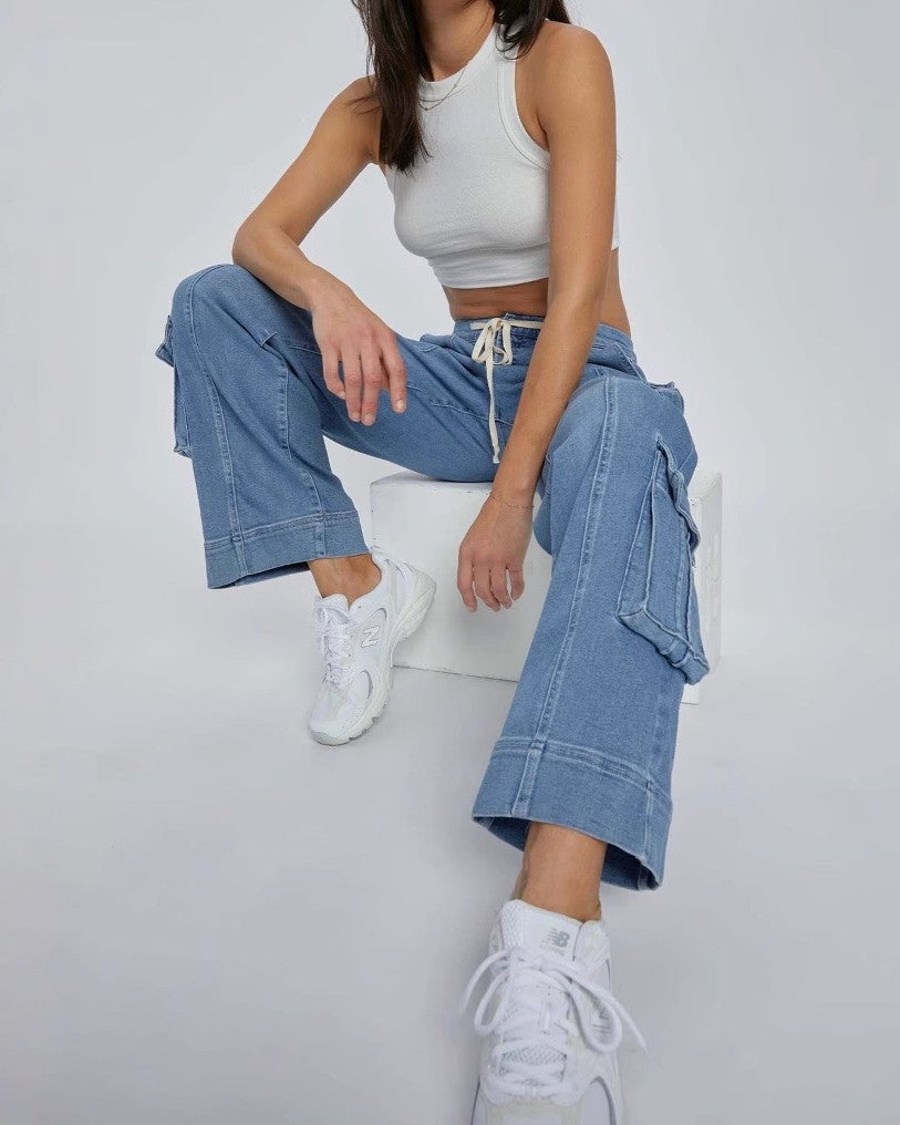 Drawstring Wide Leg Denim Cargo Pants - Blue - 2