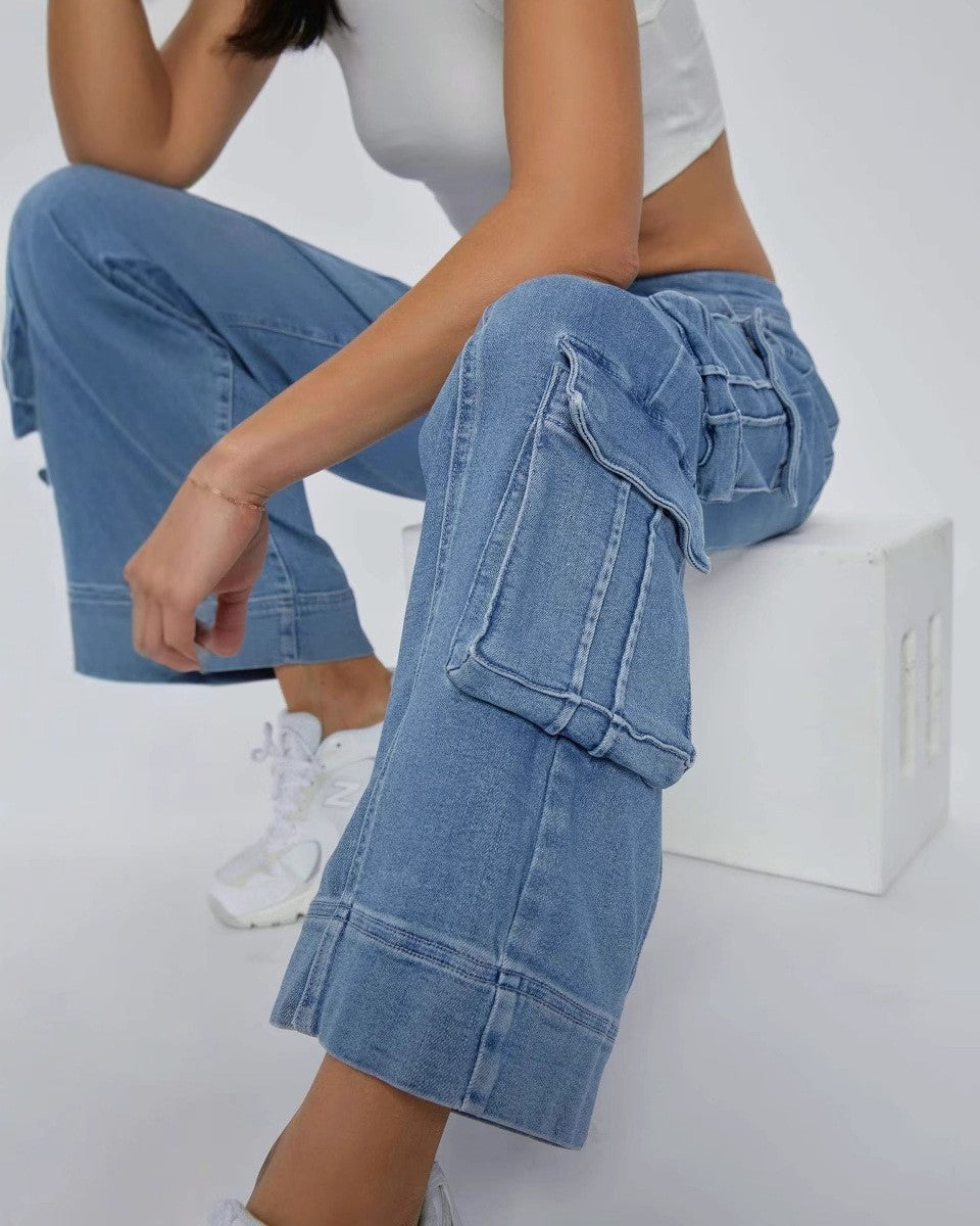Drawstring Wide Leg Denim Cargo Pants - Blue - 3