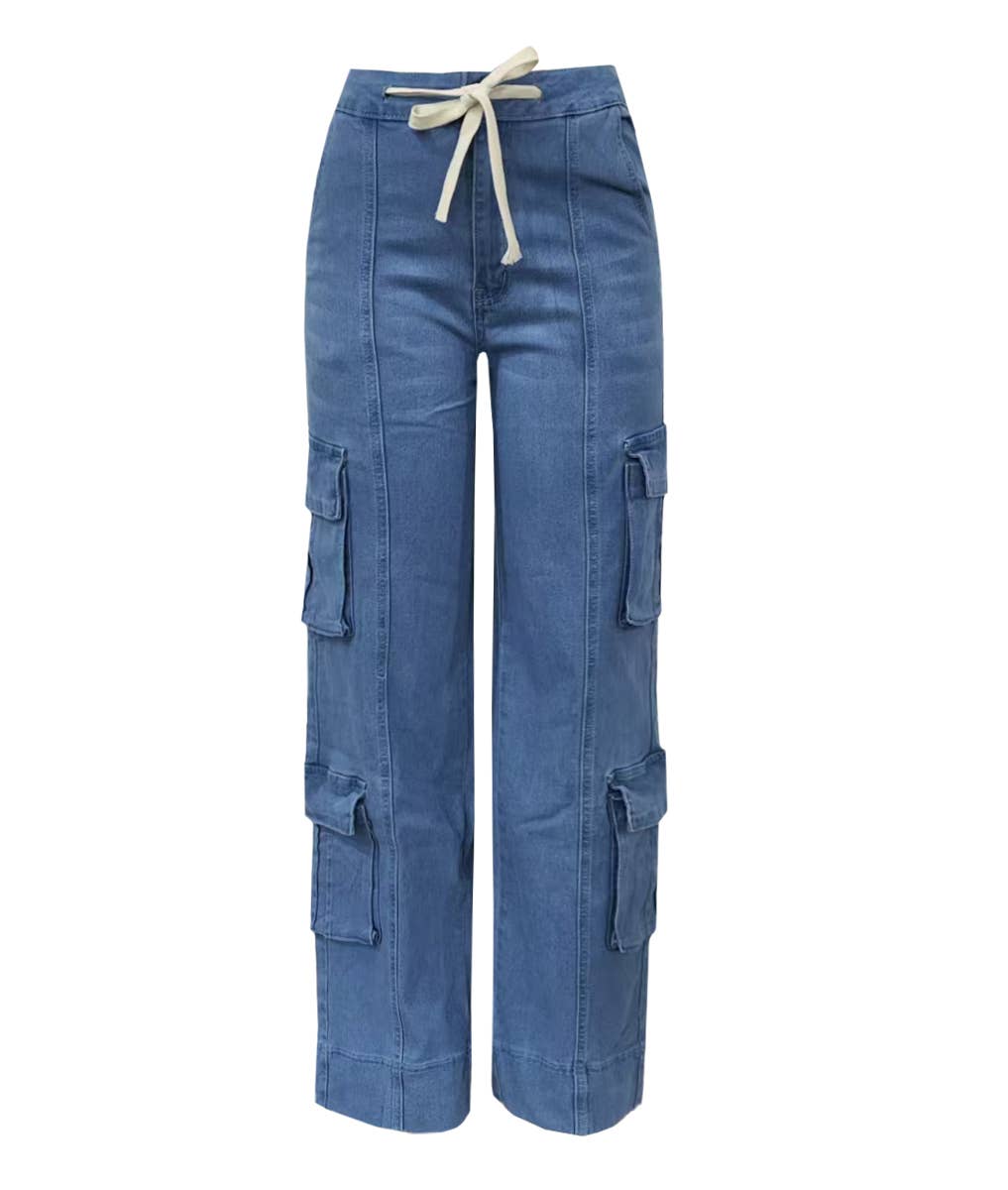 Drawstring Wide Leg Denim Cargo Pants