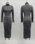 Turtleneck Long Sleeve Bodycon Midi Dress - Dark-Gray