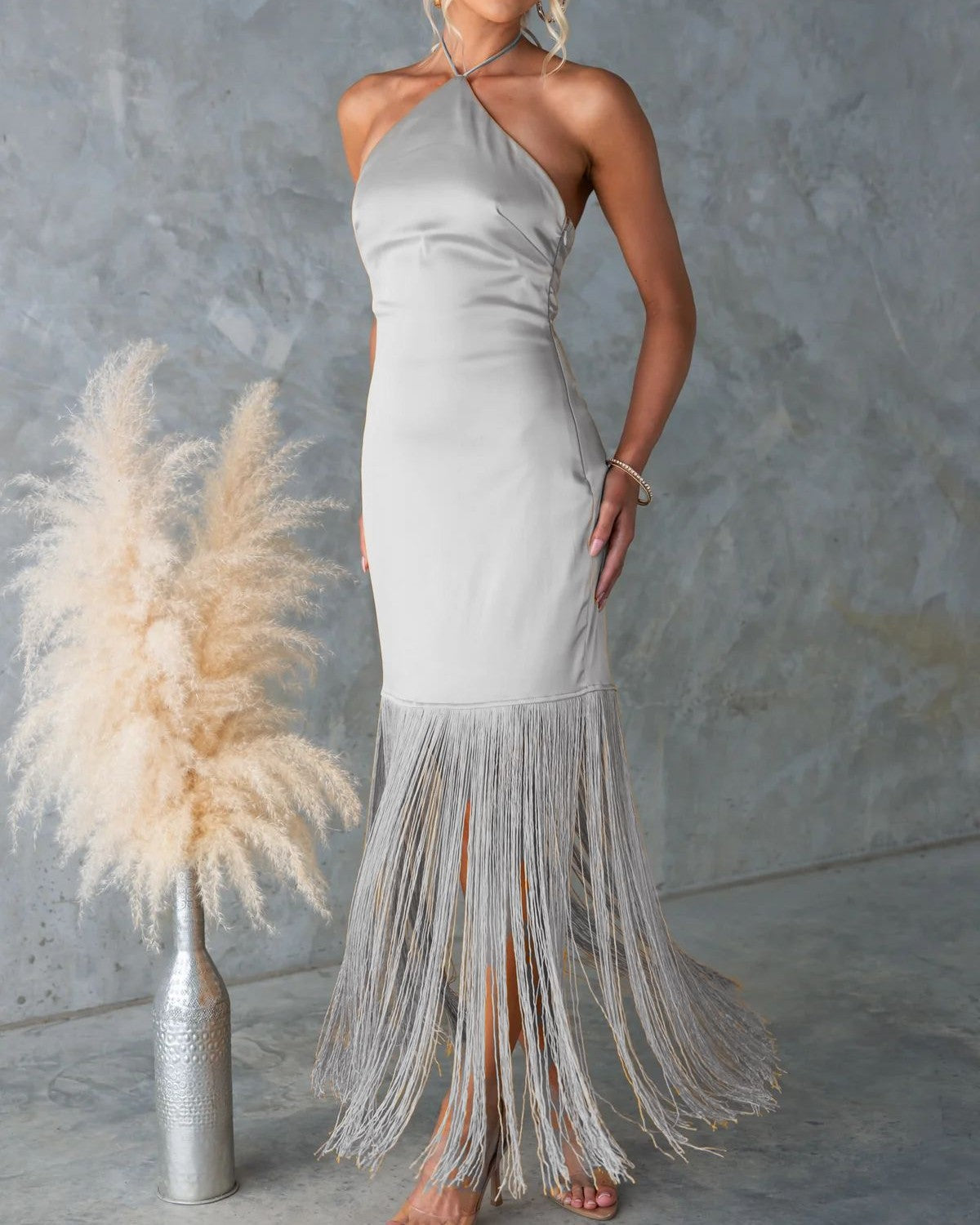 Halter Neck Fringe Hem Maxi Dress - Silver
