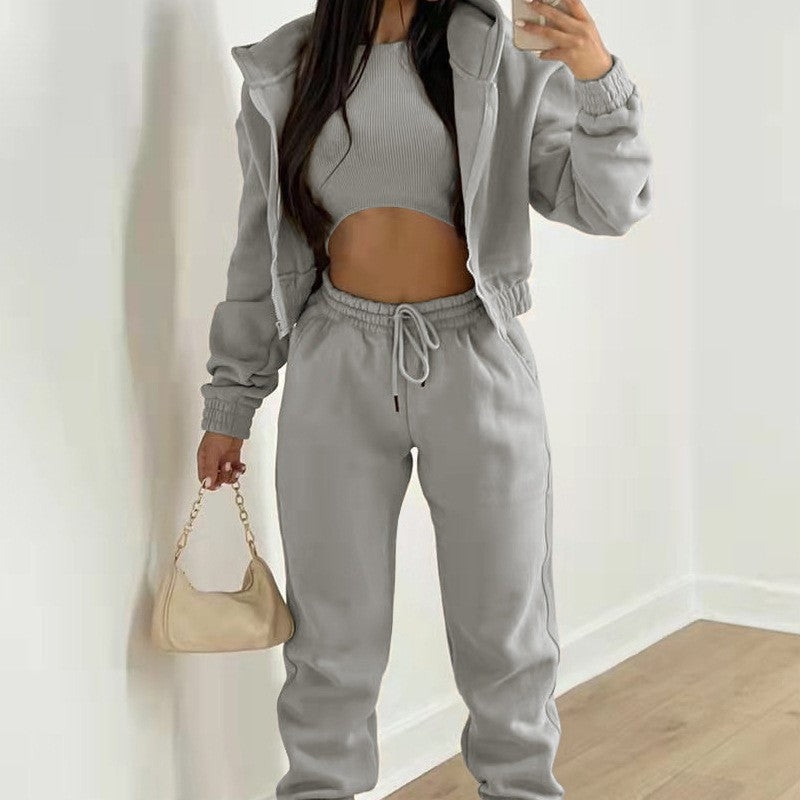 3 Piece Fleece Cropped Zip Hoodie Athletic Tracksuit - Gray