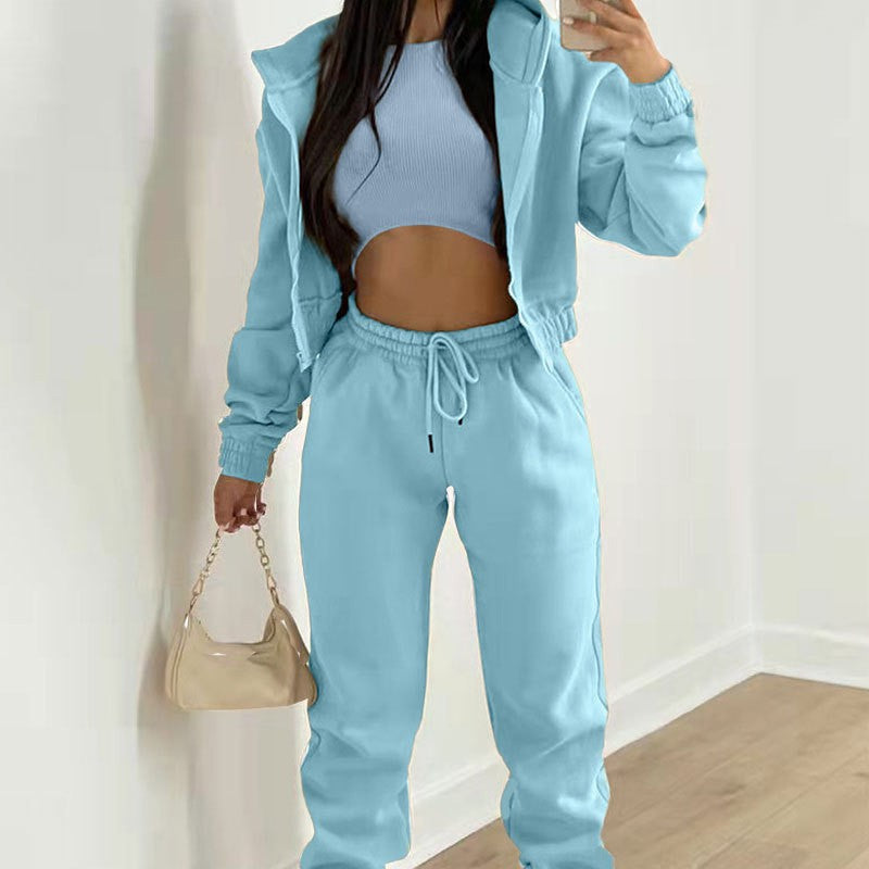 3 Piece Fleece Cropped Zip Hoodie Athletic Tracksuit - Light Blue