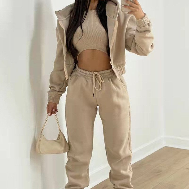 3 Piece Fleece Cropped Zip Hoodie Athletic Tracksuit