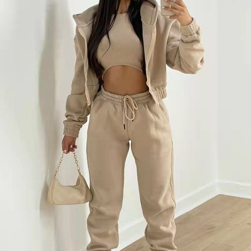 3 Piece Fleece Cropped Zip Hoodie Athletic Tracksuit