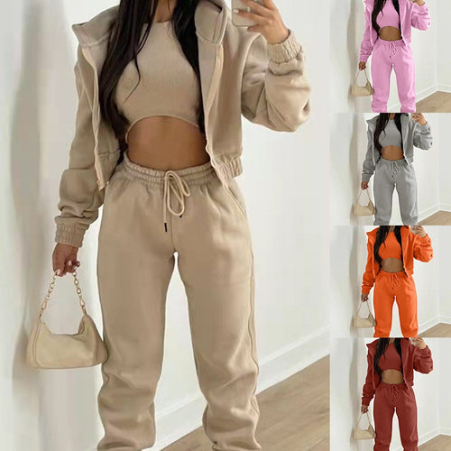3 Piece Fleece Cropped Zip Hoodie Athletic Tracksuit