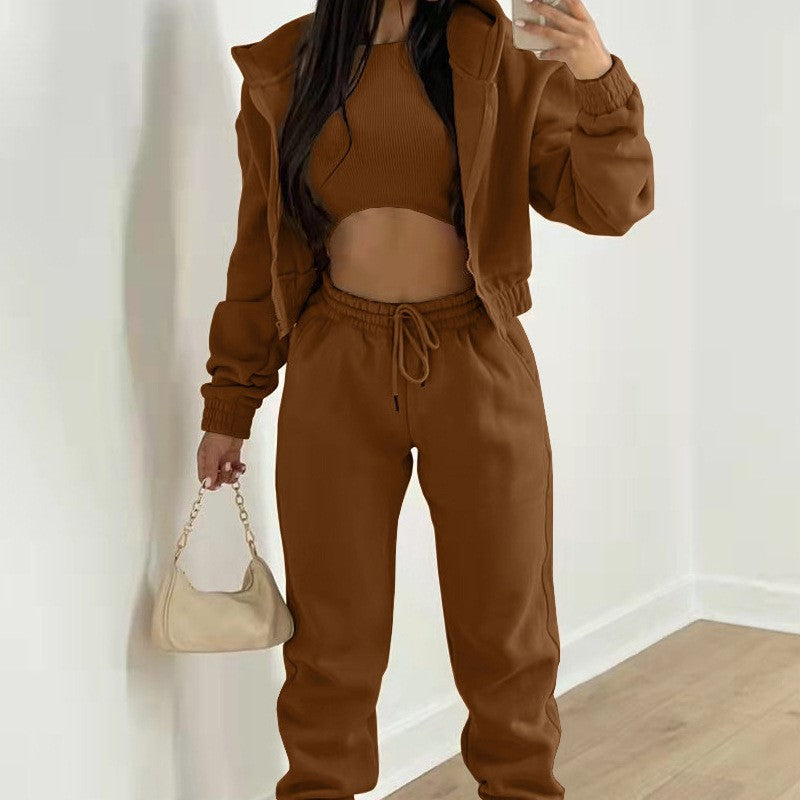 3 Piece Fleece Cropped Zip Hoodie Athletic Tracksuit