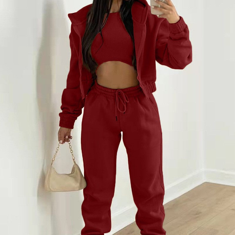 3 Piece Fleece Cropped Zip Hoodie Athletic Tracksuit