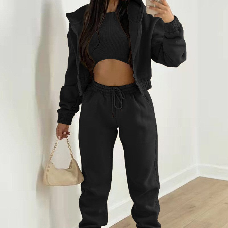 3 Piece Fleece Cropped Zip Hoodie Athletic Tracksuit
