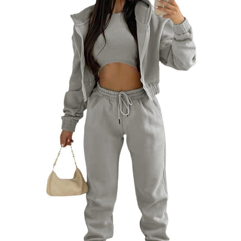 3 Piece Fleece Cropped Zip Hoodie Athletic Tracksuit