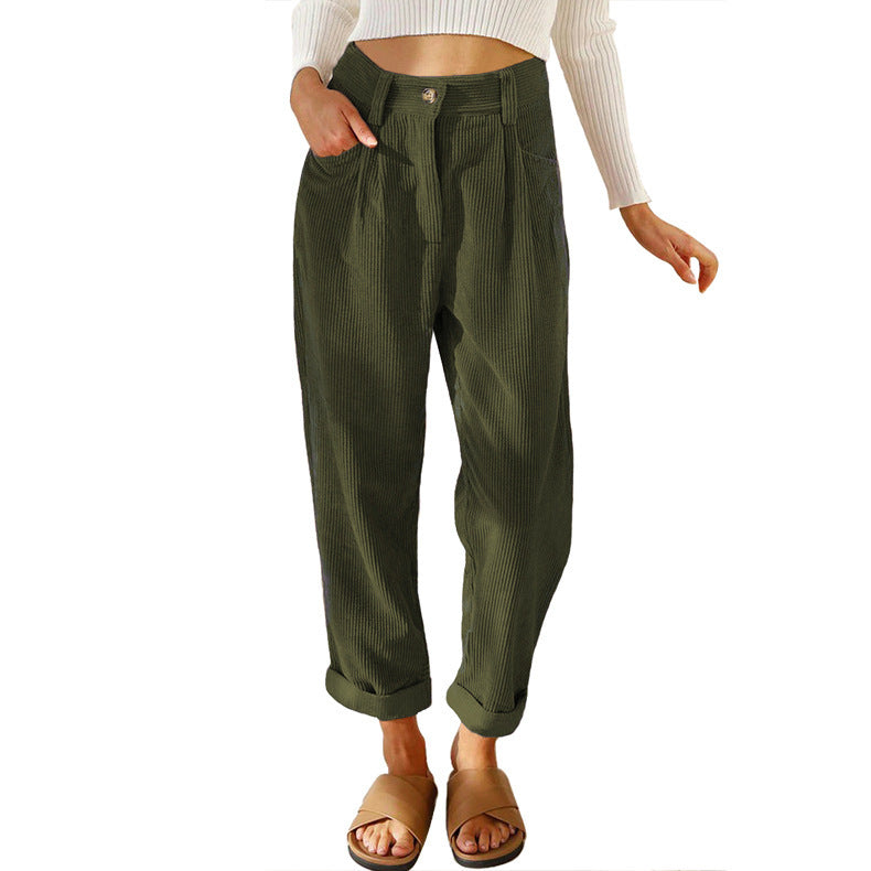 Pleated Corduroy Tapered Cuffed Pants - ArmyGreen