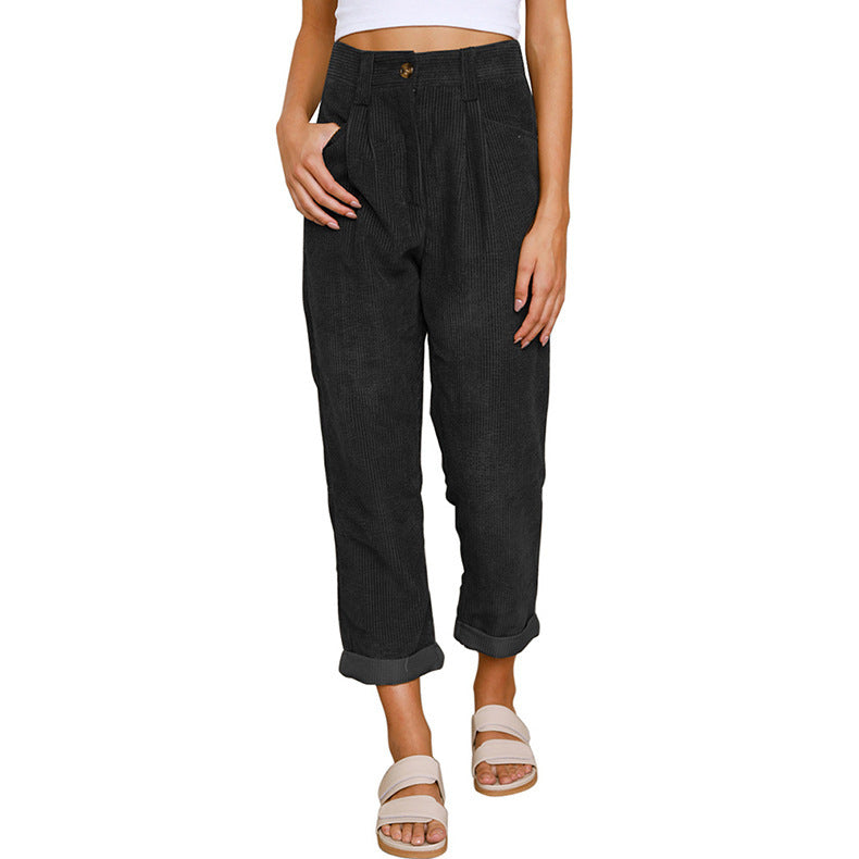 Pleated Corduroy Tapered Cuffed Pants - Black