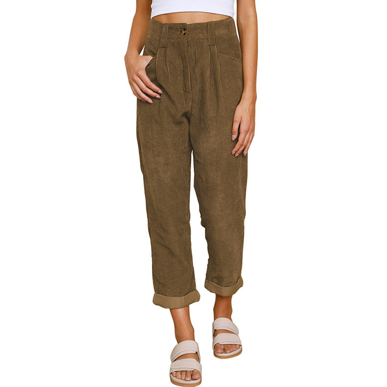 Pleated Corduroy Tapered Cuffed Pants - Brown