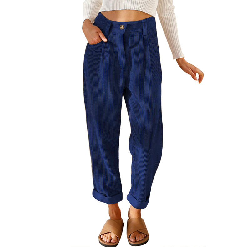 Pleated Corduroy Tapered Cuffed Pants - DarkBlue