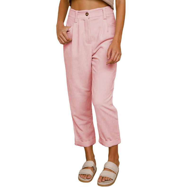 Pleated Corduroy Tapered Cuffed Pants - Pink