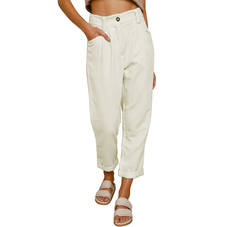 Pleated Corduroy Tapered Cuffed Pants - White