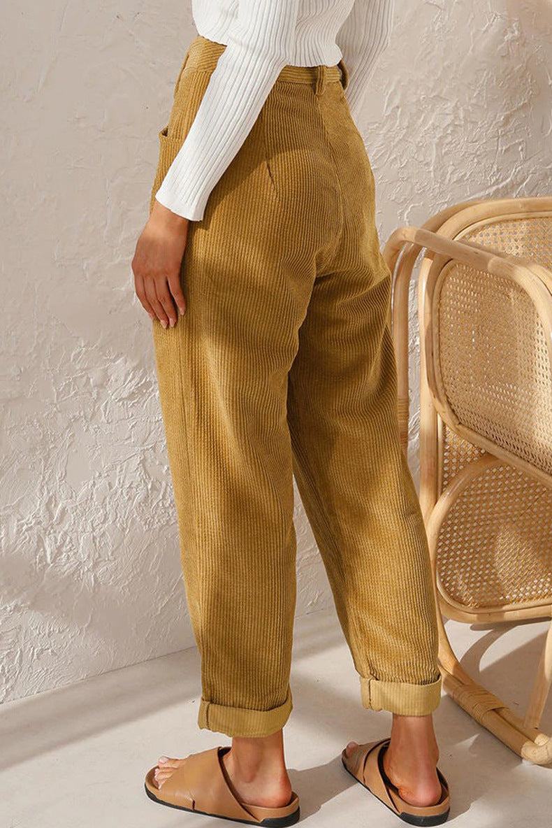 Pleated Corduroy Tapered Cuffed Pants