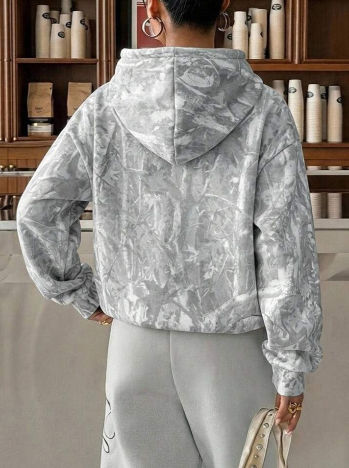 Animal Print Oversized Pullover Hoodie - Grey
